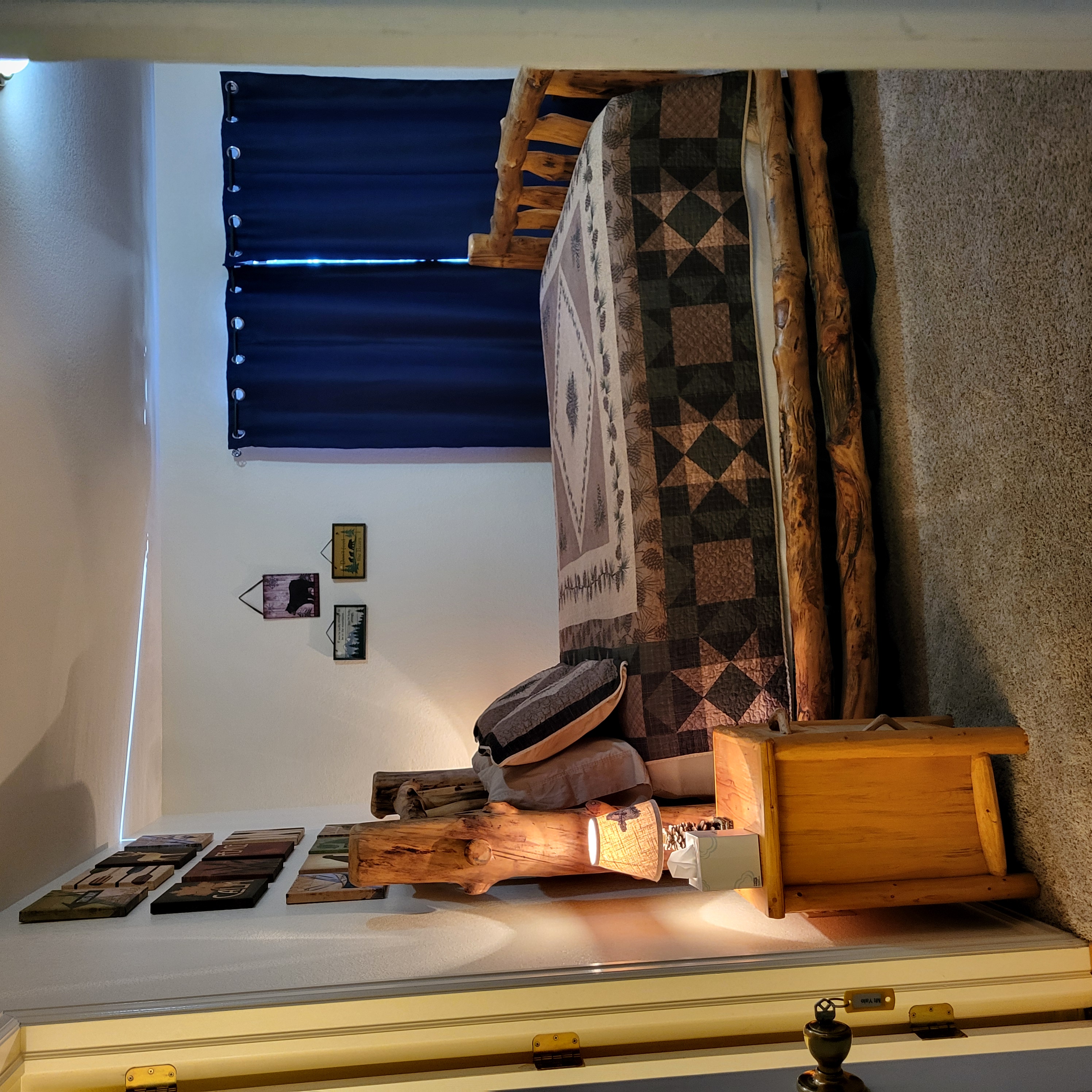 Mt. Yale Room Queen Log Bed with night light and side table