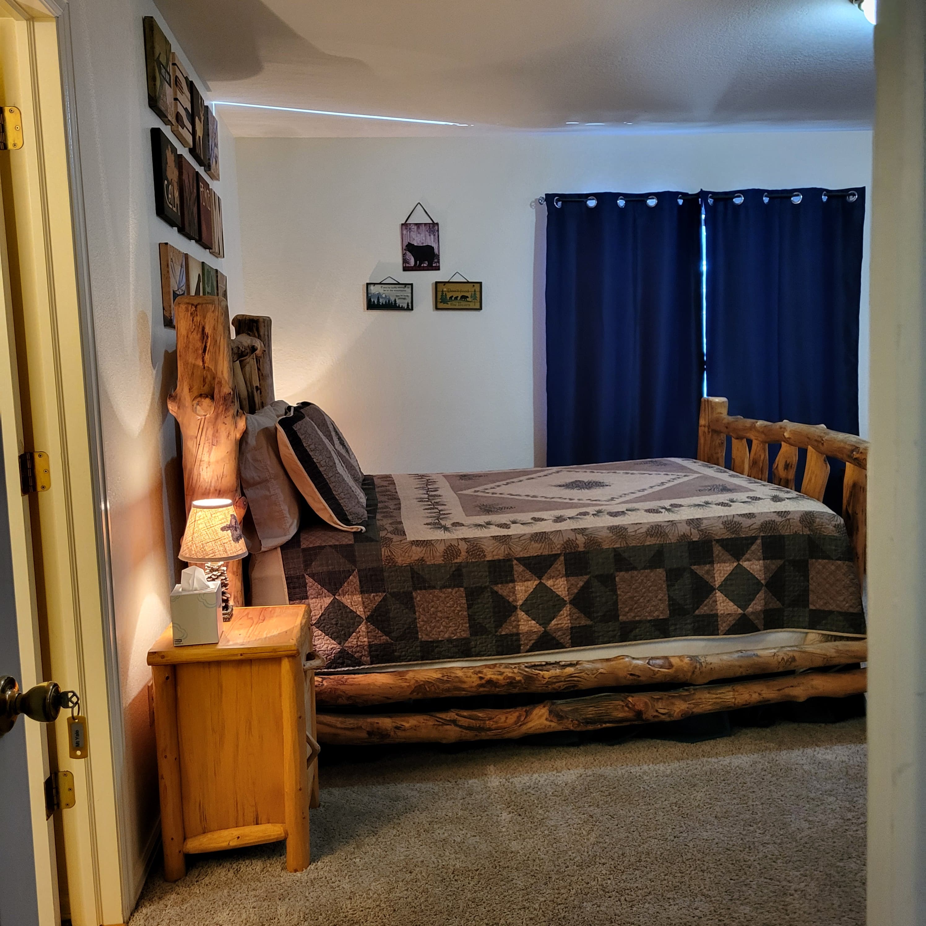 Mt. Yale Room Queen Log Bed with night light and side table