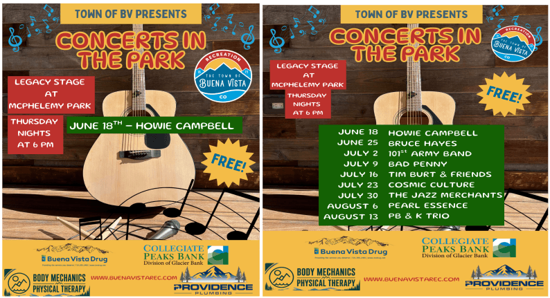 Promotional poster for the "Concerts in the Park" series at McPhelemy Park, featuring various performances on Thursdays at 6 PM, starting June 18th with Howie Campbell.