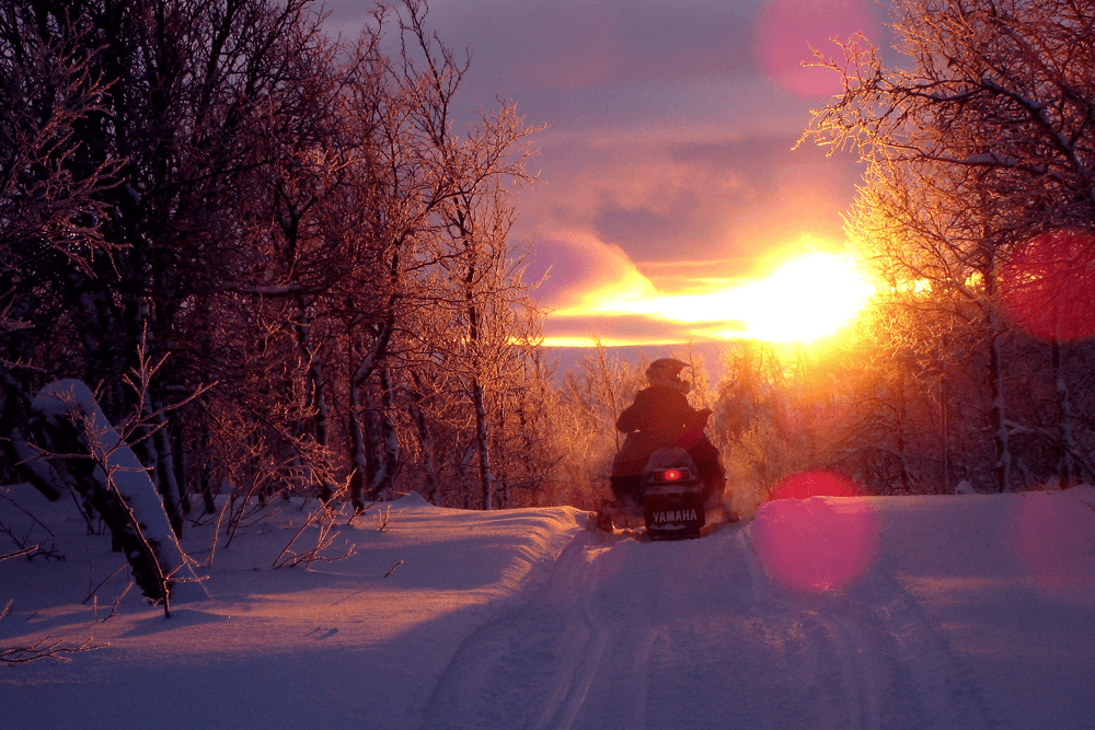 A person rides a snowmobile through a snowy landscape at sunset, surrounded by frosted trees.