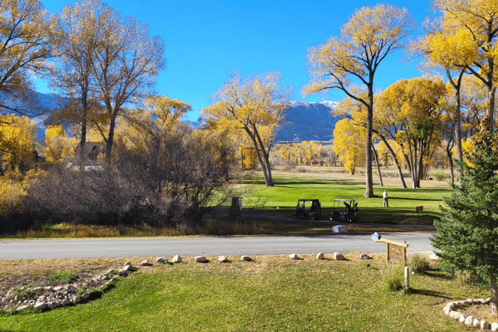 A scenic view of a golf course framed by colorful autumn trees under a clear blue sky.