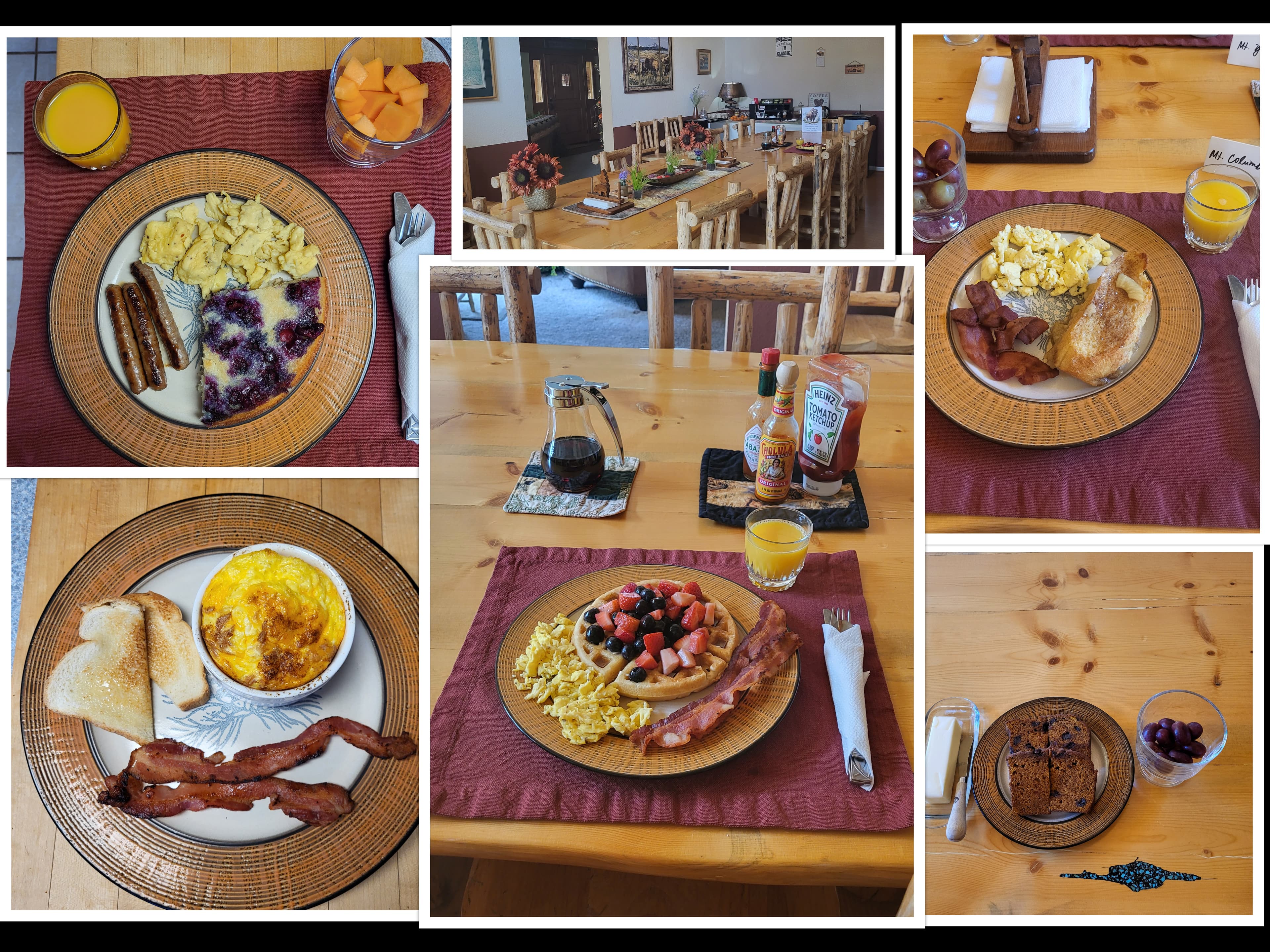 A collage of breakfast dishes including scrambled eggs, bacon, sausage, and fruit, set on rustic wooden tables.