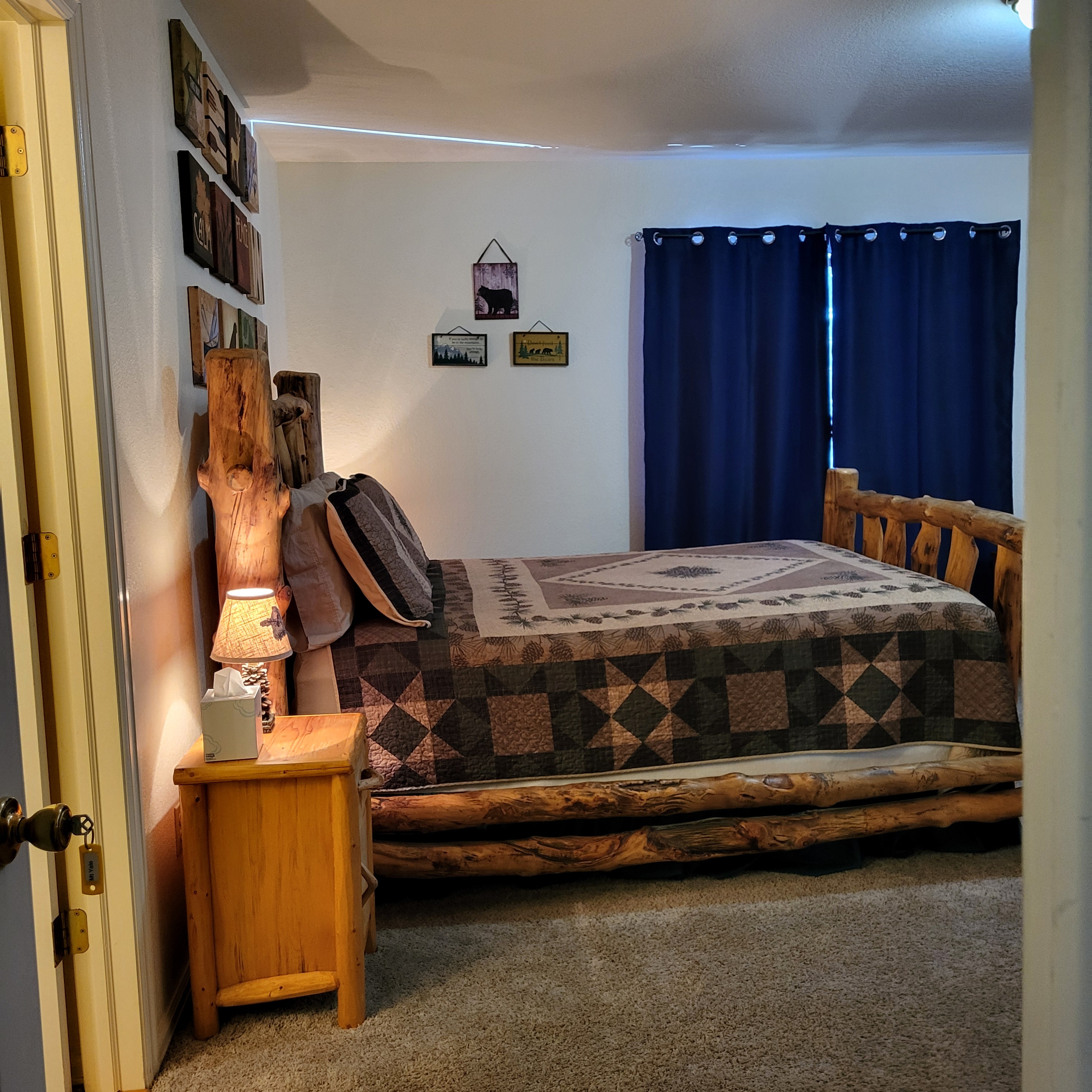 Mt. Yale Room Queen Log Bed with night light and side table